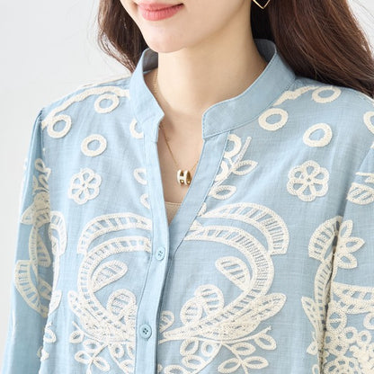 フローラル 刺繍 Vネック ブラウス 綿100% 七分袖 ゆったり 体型カバー M-L
