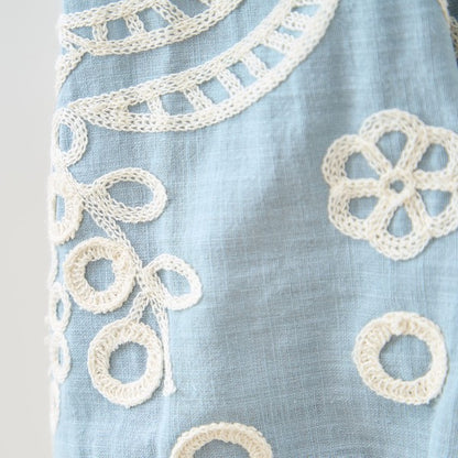フローラル 刺繍 Vネック ブラウス 綿100% 七分袖 ゆったり 体型カバー M-L