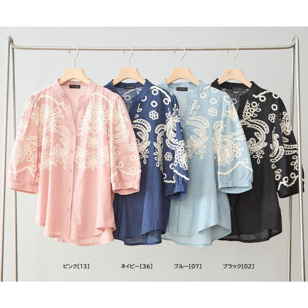 フローラル 刺繍 Vネック ブラウス 綿100% 七分袖 ゆったり 体型カバー M-L
