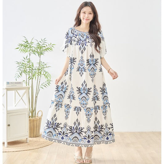 ダマスク柄 シャーリングネック マキシ ワンピース 半袖 ゆったり 体型カバー M-L