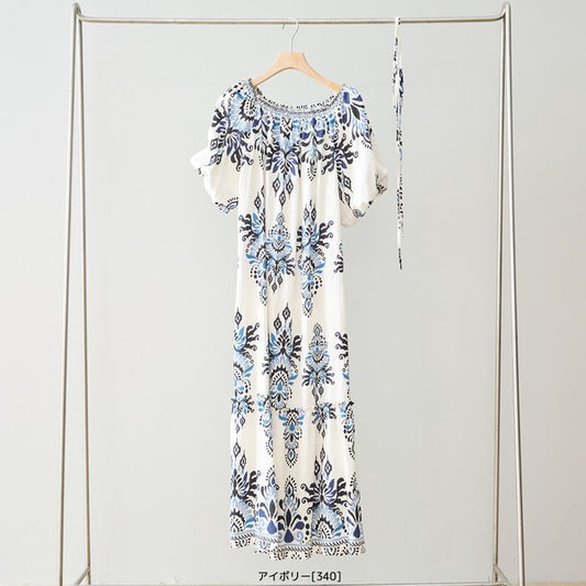 ダマスク柄 シャーリングネック マキシ ワンピース 半袖 ゆったり 体型カバー M-L