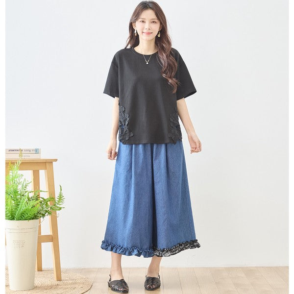 サイドレース 異素材 切替 トップス 半袖 Tシャツ ゆったり 体型カバー L-LL