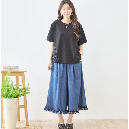 サイドレース 異素材 切替 トップス 半袖 Tシャツ ゆったり 体型カバー L-LL
