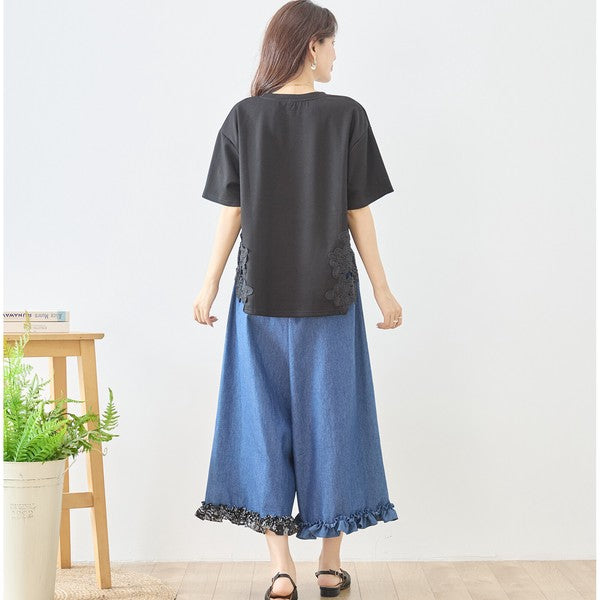 サイドレース 異素材 切替 トップス 半袖 Tシャツ ゆったり 体型カバー L-LL