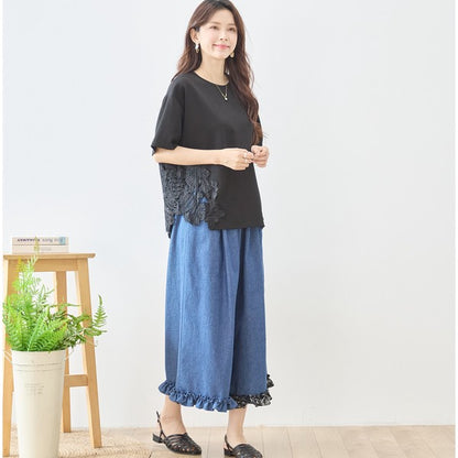 サイドレース 異素材 切替 トップス 半袖 Tシャツ ゆったり 体型カバー L-LL