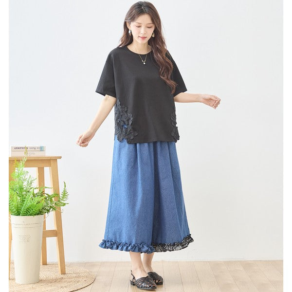 サイドレース 異素材 切替 トップス 半袖 Tシャツ ゆったり 体型カバー L-LL