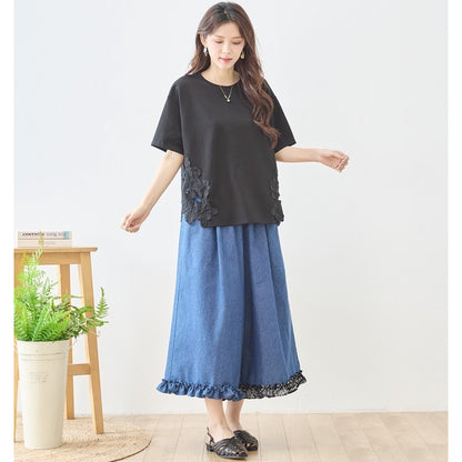 サイドレース 異素材 切替 トップス 半袖 Tシャツ ゆったり 体型カバー L-LL