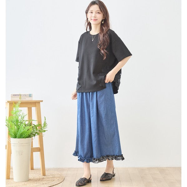 サイドレース 異素材 切替 トップス 半袖 Tシャツ ゆったり 体型カバー L-LL