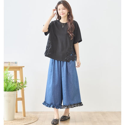 サイドレース 異素材 切替 トップス 半袖 Tシャツ ゆったり 体型カバー L-LL