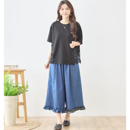 サイドレース 異素材 切替 トップス 半袖 Tシャツ ゆったり 体型カバー L-LL