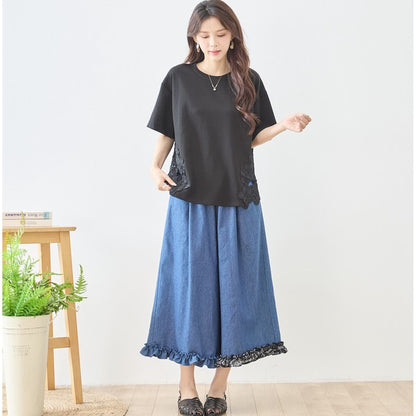 サイドレース 異素材 切替 トップス 半袖 Tシャツ ゆったり 体型カバー L-LL