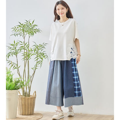 サイドレース 異素材 切替 トップス 半袖 Tシャツ ゆったり 体型カバー L-LL