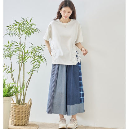 サイドレース 異素材 切替 トップス 半袖 Tシャツ ゆったり 体型カバー L-LL