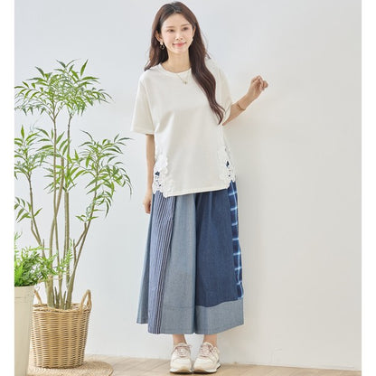 サイドレース 異素材 切替 トップス 半袖 Tシャツ ゆったり 体型カバー L-LL