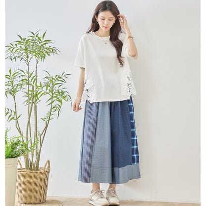 サイドレース 異素材 切替 トップス 半袖 Tシャツ ゆったり 体型カバー L-LL