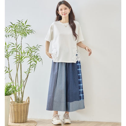 サイドレース 異素材 切替 トップス 半袖 Tシャツ ゆったり 体型カバー L-LL