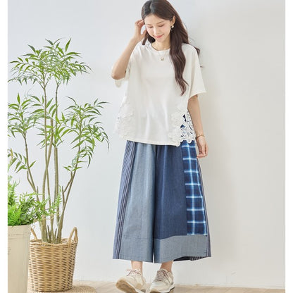 サイドレース 異素材 切替 トップス 半袖 Tシャツ ゆったり 体型カバー L-LL