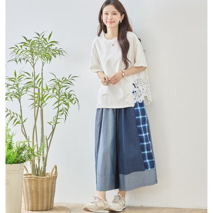 サイドレース 異素材 切替 トップス 半袖 Tシャツ ゆったり 体型カバー L-LL