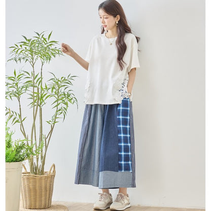 サイドレース 異素材 切替 トップス 半袖 Tシャツ ゆったり 体型カバー L-LL