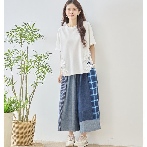サイドレース 異素材 切替 トップス 半袖 Tシャツ ゆったり 体型カバー L-LL