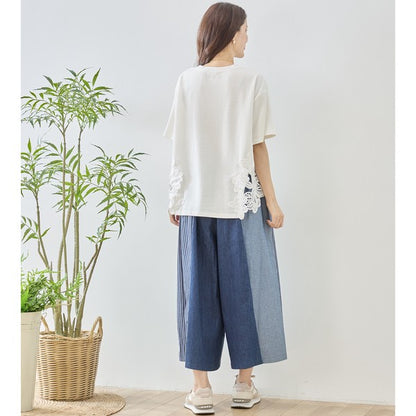 サイドレース 異素材 切替 トップス 半袖 Tシャツ ゆったり 体型カバー L-LL