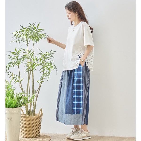 サイドレース 異素材 切替 トップス 半袖 Tシャツ ゆったり 体型カバー L-LL