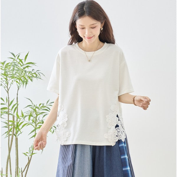 サイドレース 異素材 切替 トップス 半袖 Tシャツ ゆったり 体型カバー L-LL