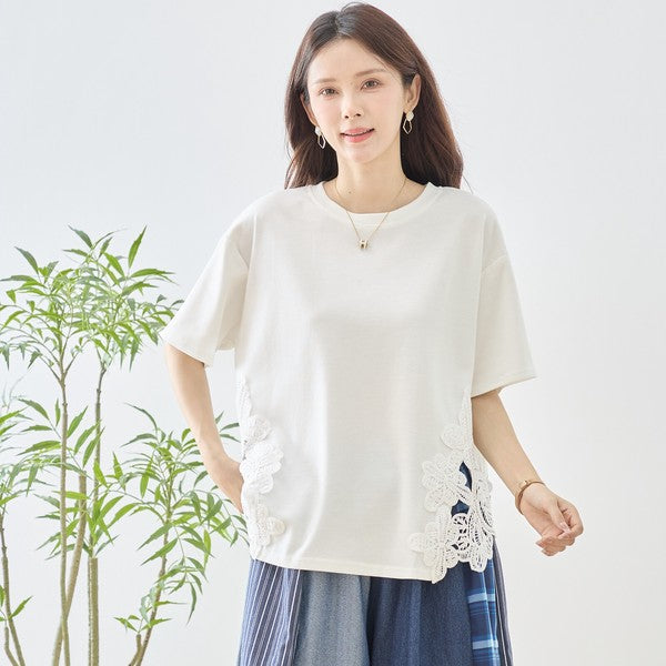 サイドレース 異素材 切替 トップス 半袖 Tシャツ ゆったり 体型カバー L-LL