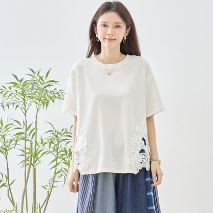 サイドレース 異素材 切替 トップス 半袖 Tシャツ ゆったり 体型カバー L-LL