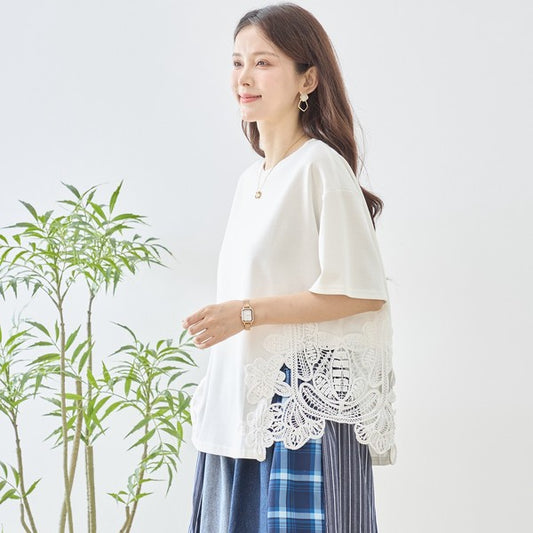 サイドレース 異素材 切替 トップス 半袖 Tシャツ ゆったり 体型カバー L-LL