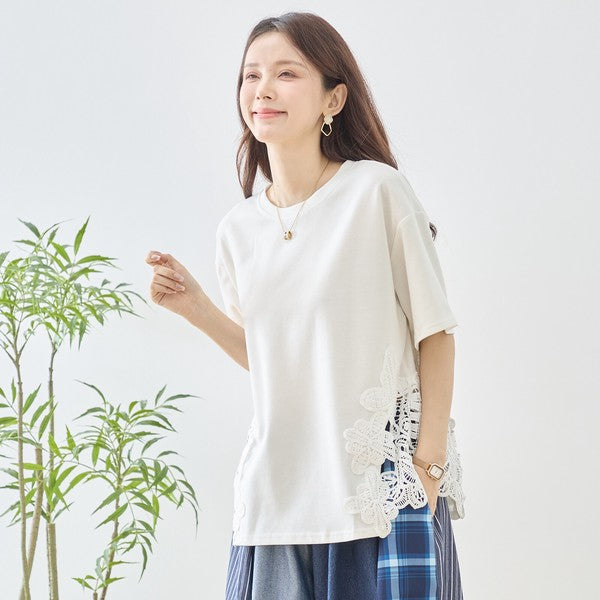 サイドレース 異素材 切替 トップス 半袖 Tシャツ ゆったり 体型カバー L-LL