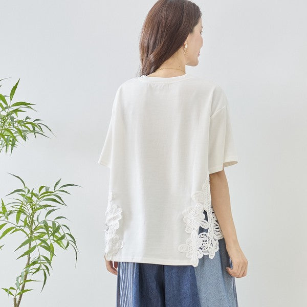 サイドレース 異素材 切替 トップス 半袖 Tシャツ ゆったり 体型カバー L-LL