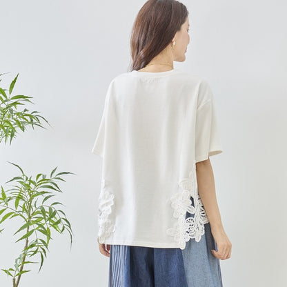 サイドレース 異素材 切替 トップス 半袖 Tシャツ ゆったり 体型カバー L-LL
