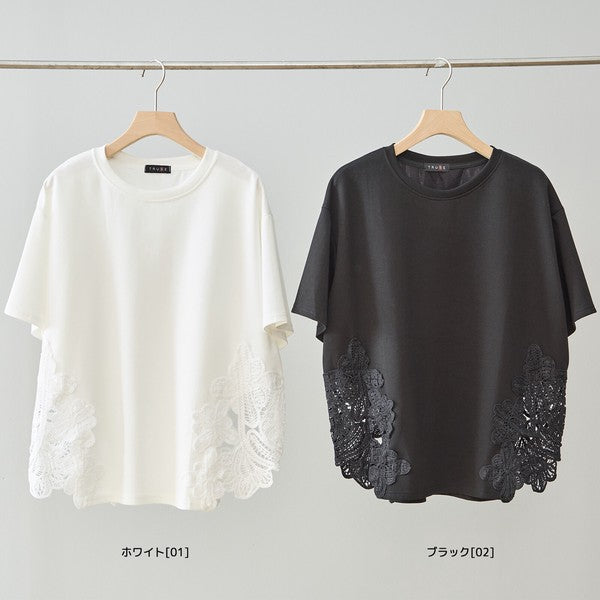 サイドレース 異素材 切替 トップス 半袖 Tシャツ ゆったり 体型カバー L-LL
