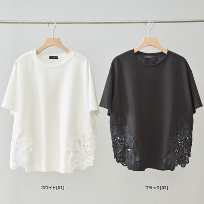 サイドレース 異素材 切替 トップス 半袖 Tシャツ ゆったり 体型カバー L-LL