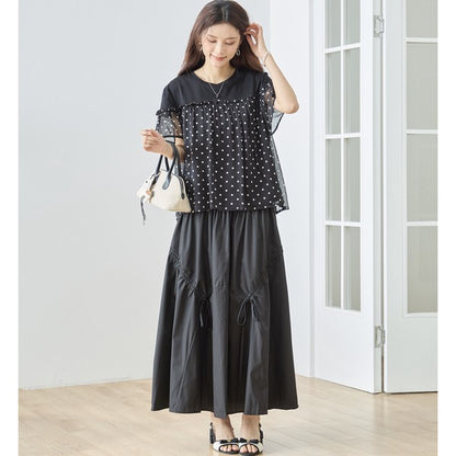ドット柄 シアー 切替 プルオーバー 半袖 フリル ゆったり 体型カバー M-L