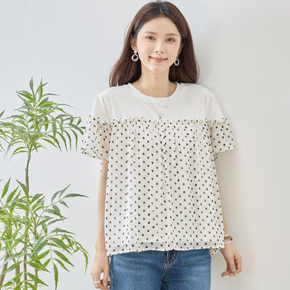 ドット柄 シアー 切替 プルオーバー 半袖 フリル ゆったり 体型カバー M-L