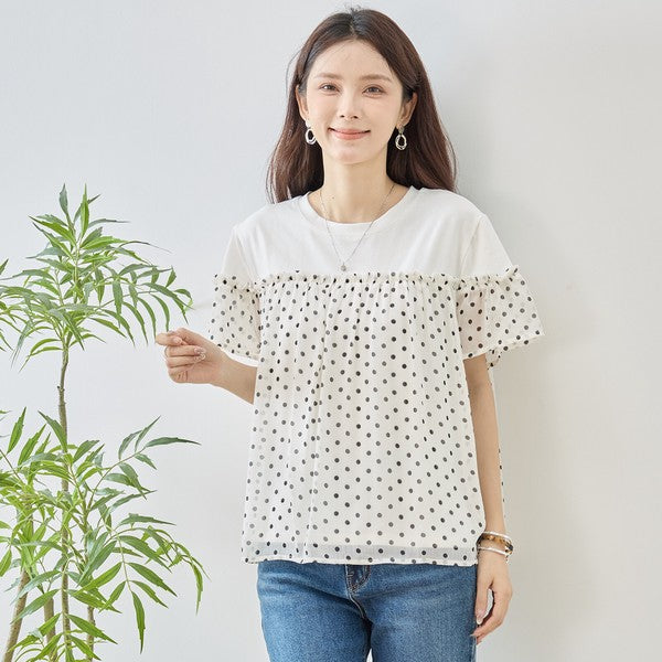 ドット柄 シアー 切替 プルオーバー 半袖 フリル ゆったり 体型カバー M-L