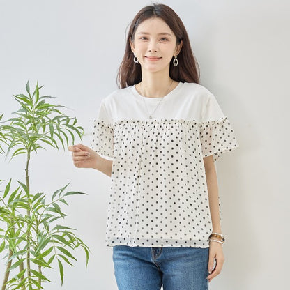 ドット柄 シアー 切替 プルオーバー 半袖 フリル ゆったり 体型カバー M-L