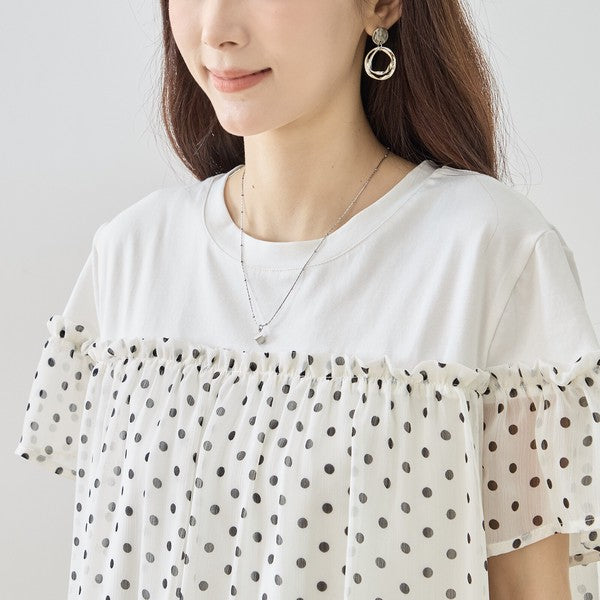 ドット柄 シアー 切替 プルオーバー 半袖 フリル ゆったり 体型カバー M-L