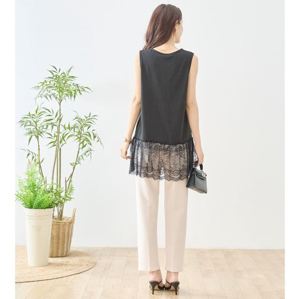 裾フローラルレース タンクトップ ロング丈 レイヤード インナー 体型カバー M-L