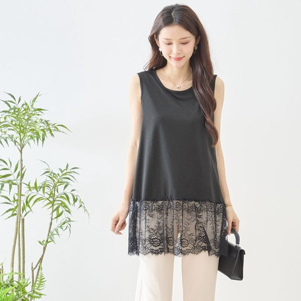 裾フローラルレース タンクトップ ロング丈 レイヤード インナー 体型カバー M-L