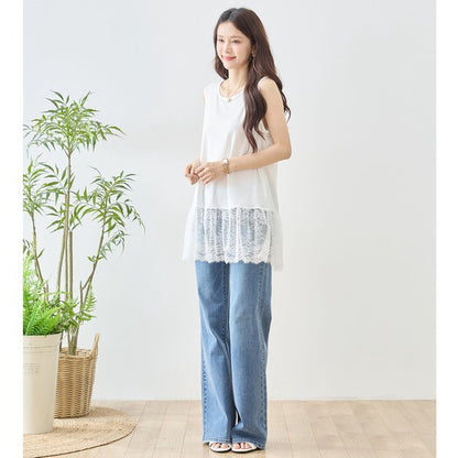 裾フローラルレース タンクトップ ロング丈 レイヤード インナー 体型カバー M-L