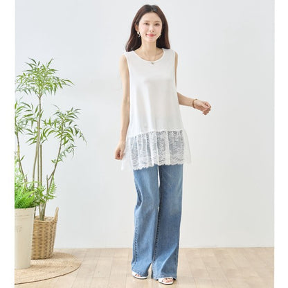裾フローラルレース タンクトップ ロング丈 レイヤード インナー 体型カバー M-L