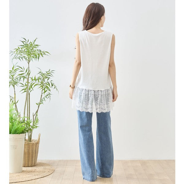 裾フローラルレース タンクトップ ロング丈 レイヤード インナー 体型カバー M-L