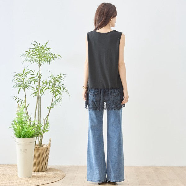 裾 ラッセルレース タンクトップ ノースリーブ レイヤード 体型カバー L-LL