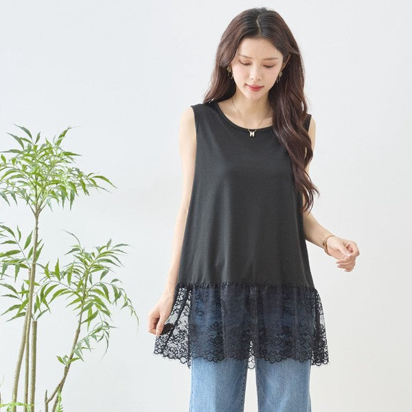 裾 ラッセルレース タンクトップ ノースリーブ レイヤード 体型カバー L-LL