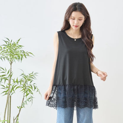 裾 ラッセルレース タンクトップ ノースリーブ レイヤード 体型カバー L-LL