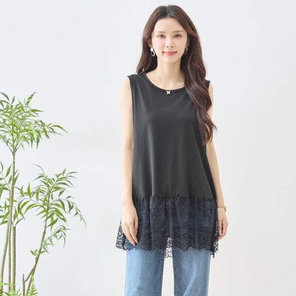 裾 ラッセルレース タンクトップ ノースリーブ レイヤード 体型カバー L-LL