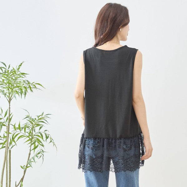 裾 ラッセルレース タンクトップ ノースリーブ レイヤード 体型カバー L-LL